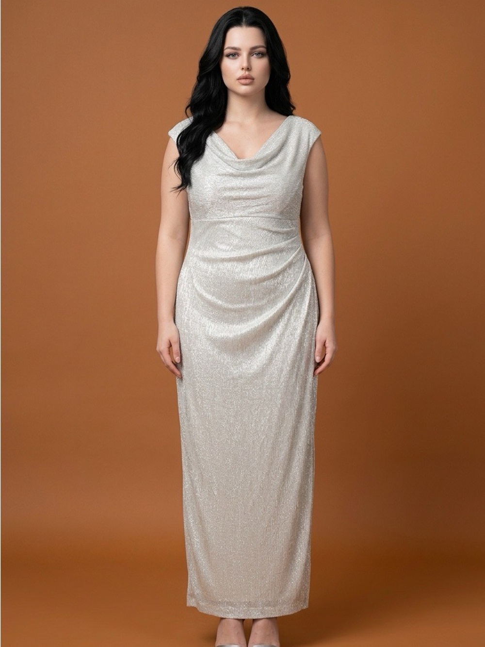 connected apparel Silver Shimmer Cowl Neck Maxi Dress